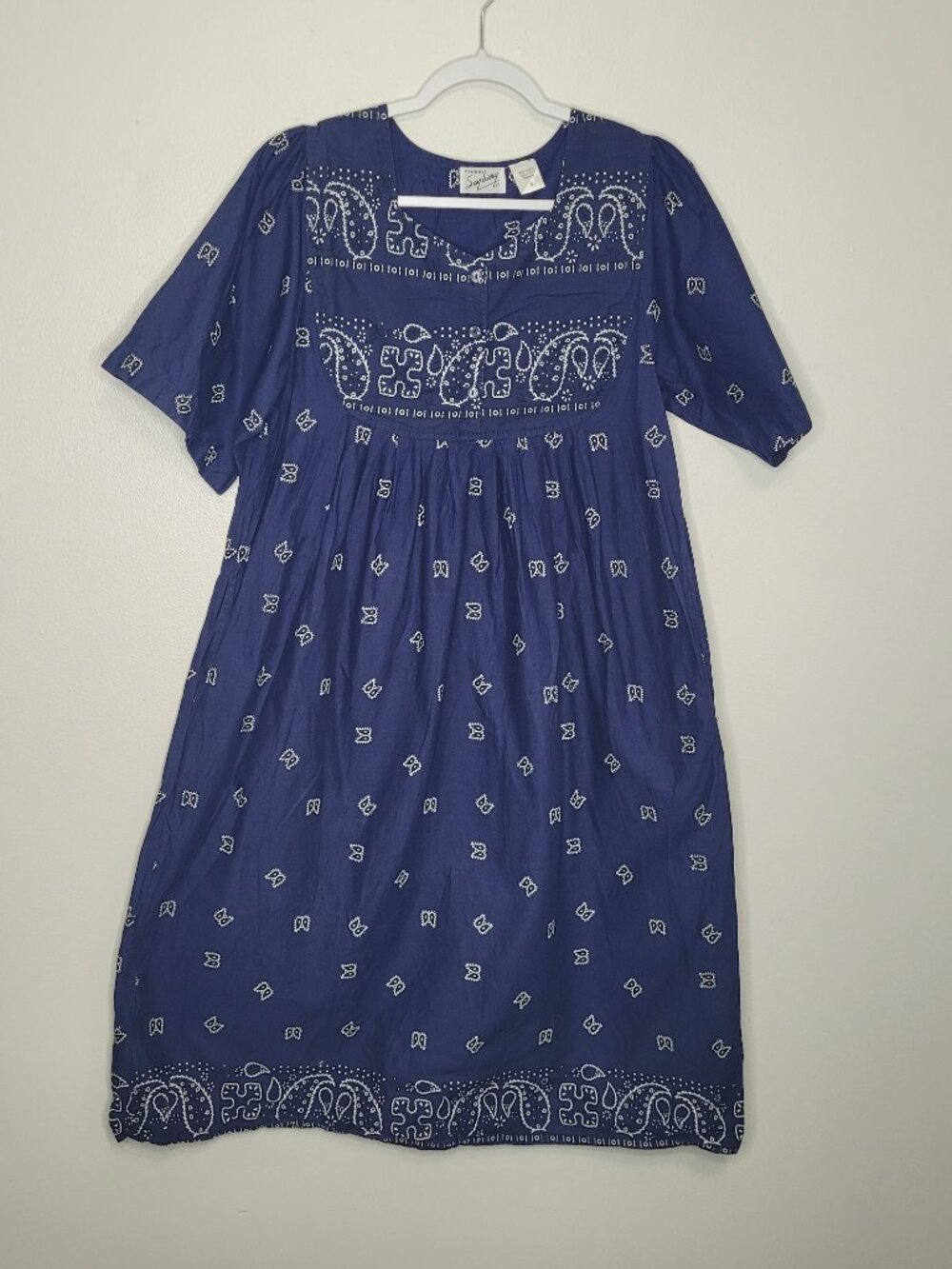 Saybury blue white bandana print cottage midi nightgown house dress pockets s